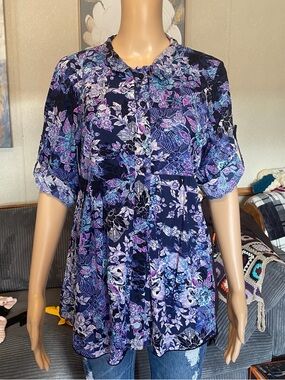Style & Co. Navy Floral Button-Front Tunic